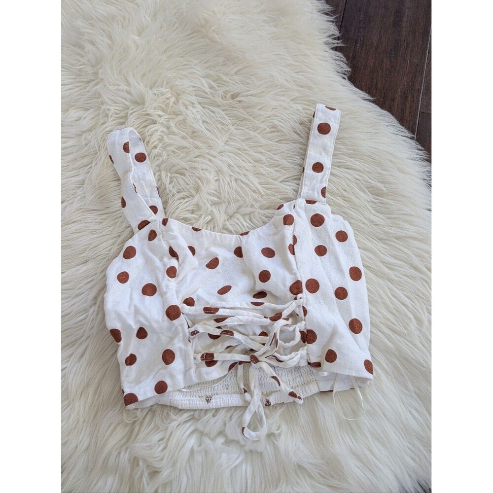 Abercrombie & Fitch White Crop Top Brown Polka Dots Lace-Up Milkmaid XS